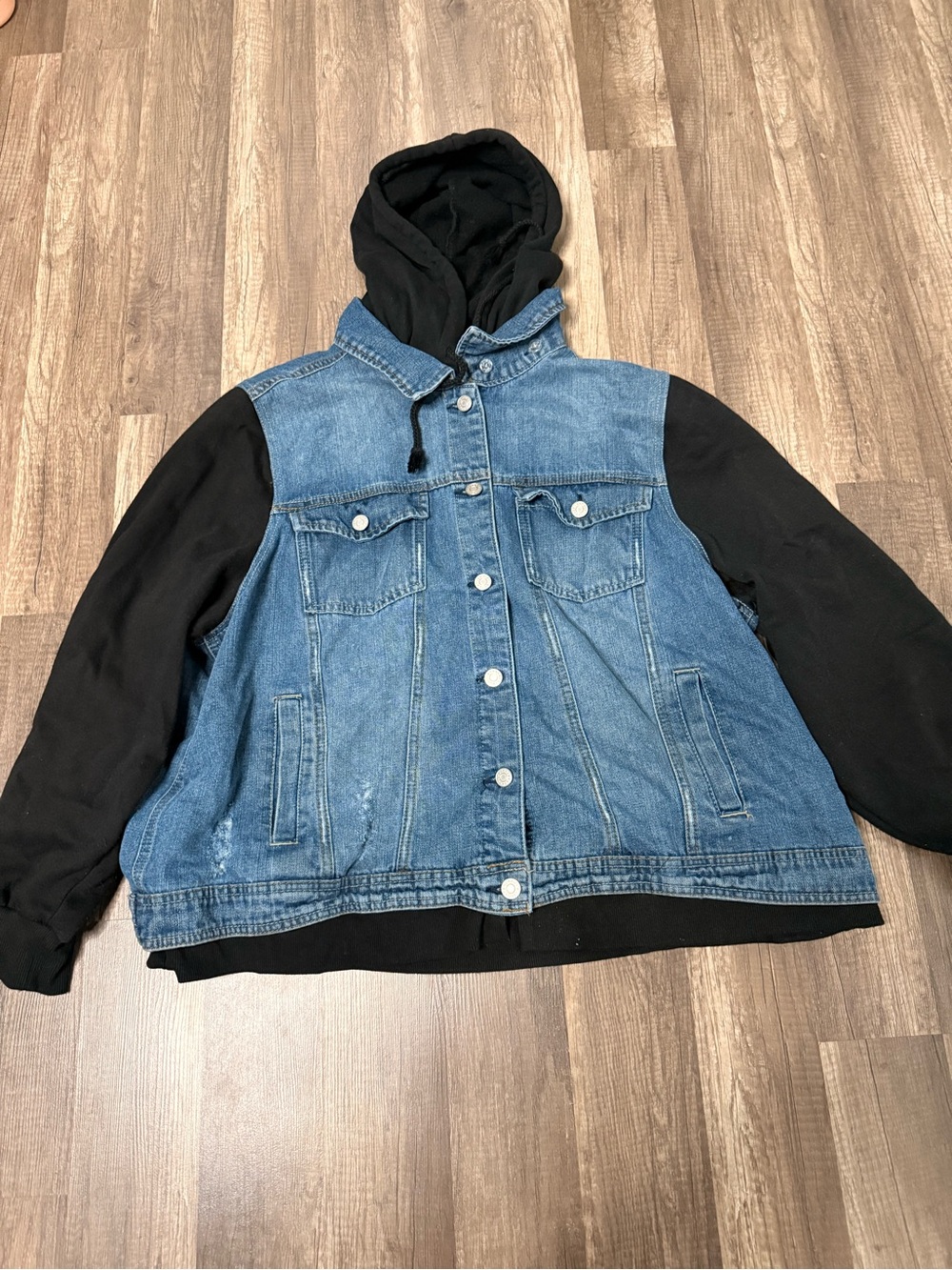 refuge Blue Denim Jacket with Black Hoodie Sleeves